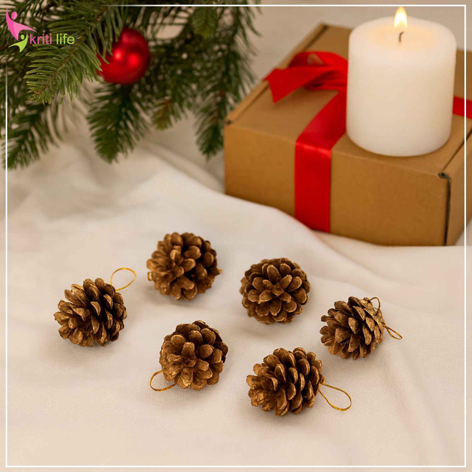 Natural Pine Cone Christmas Hanging Ornaments – Set of 6