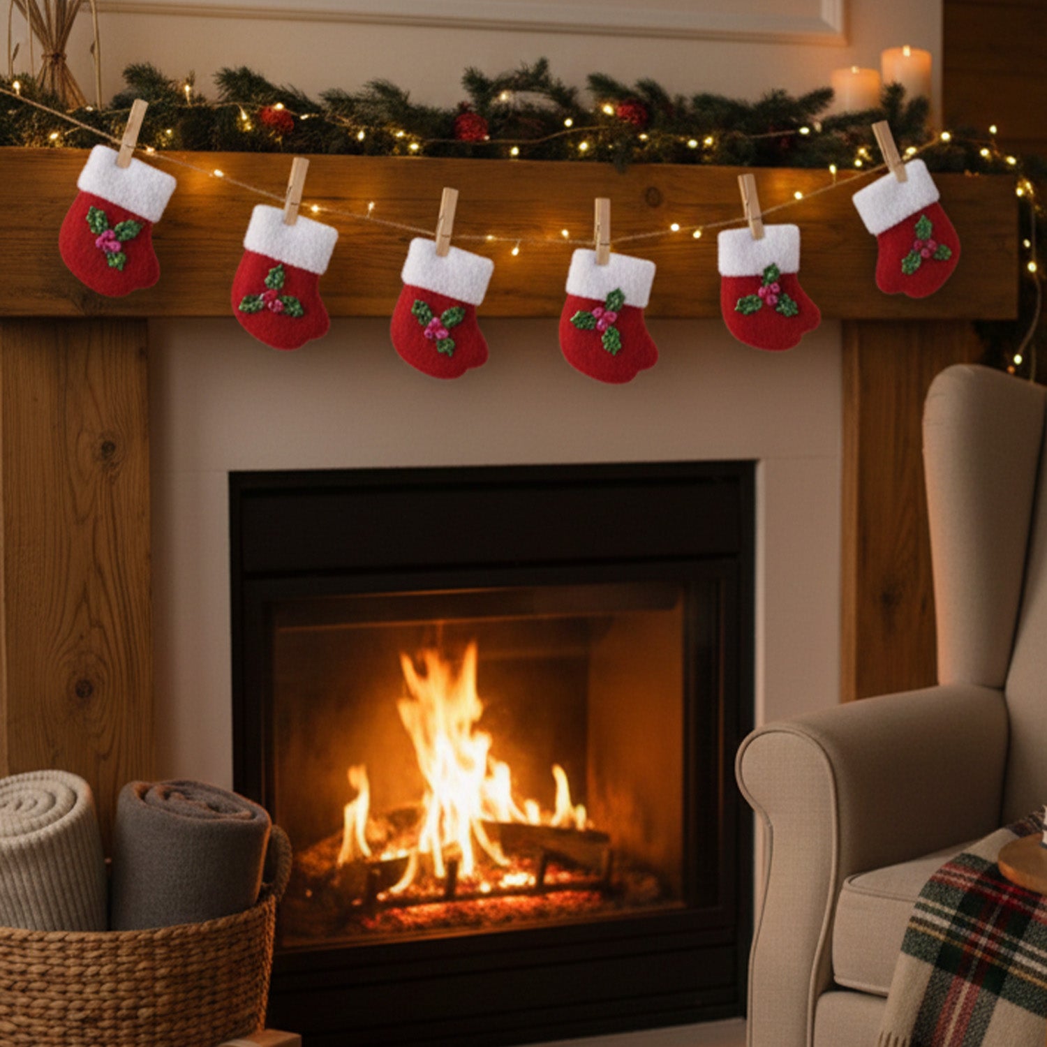 Mini Christmas Hanging Stocking Ornaments – Set of 6 Decorative Felt Mittens