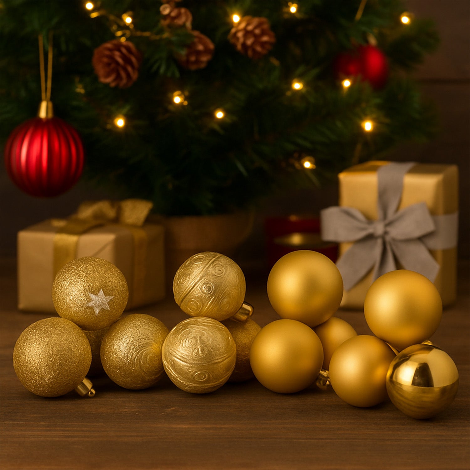 Gold Christmas Tree Hanging Balls – Set of 16 (Beige/Gold)