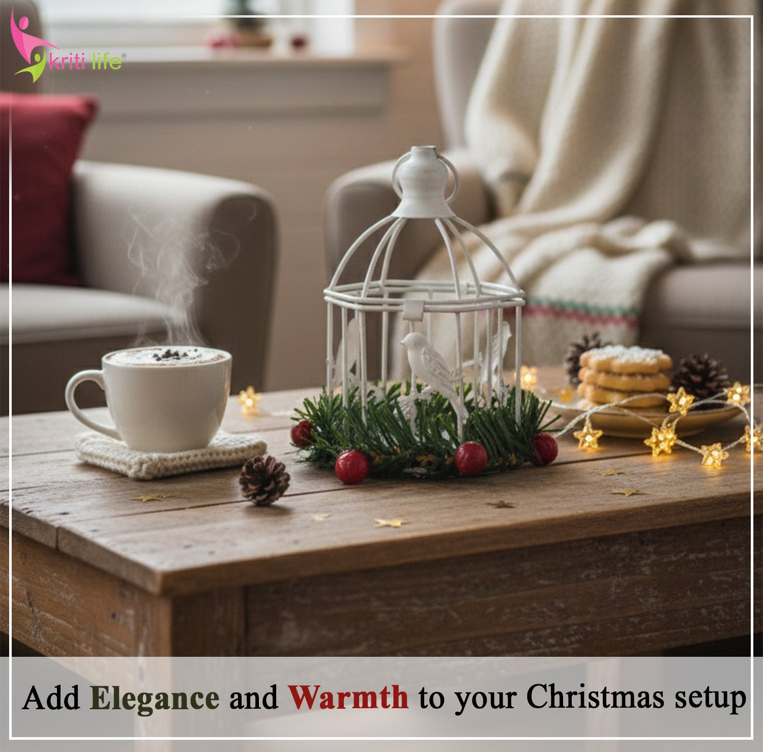 Vintage Christmas Lantern with Birds & Tealight Holder