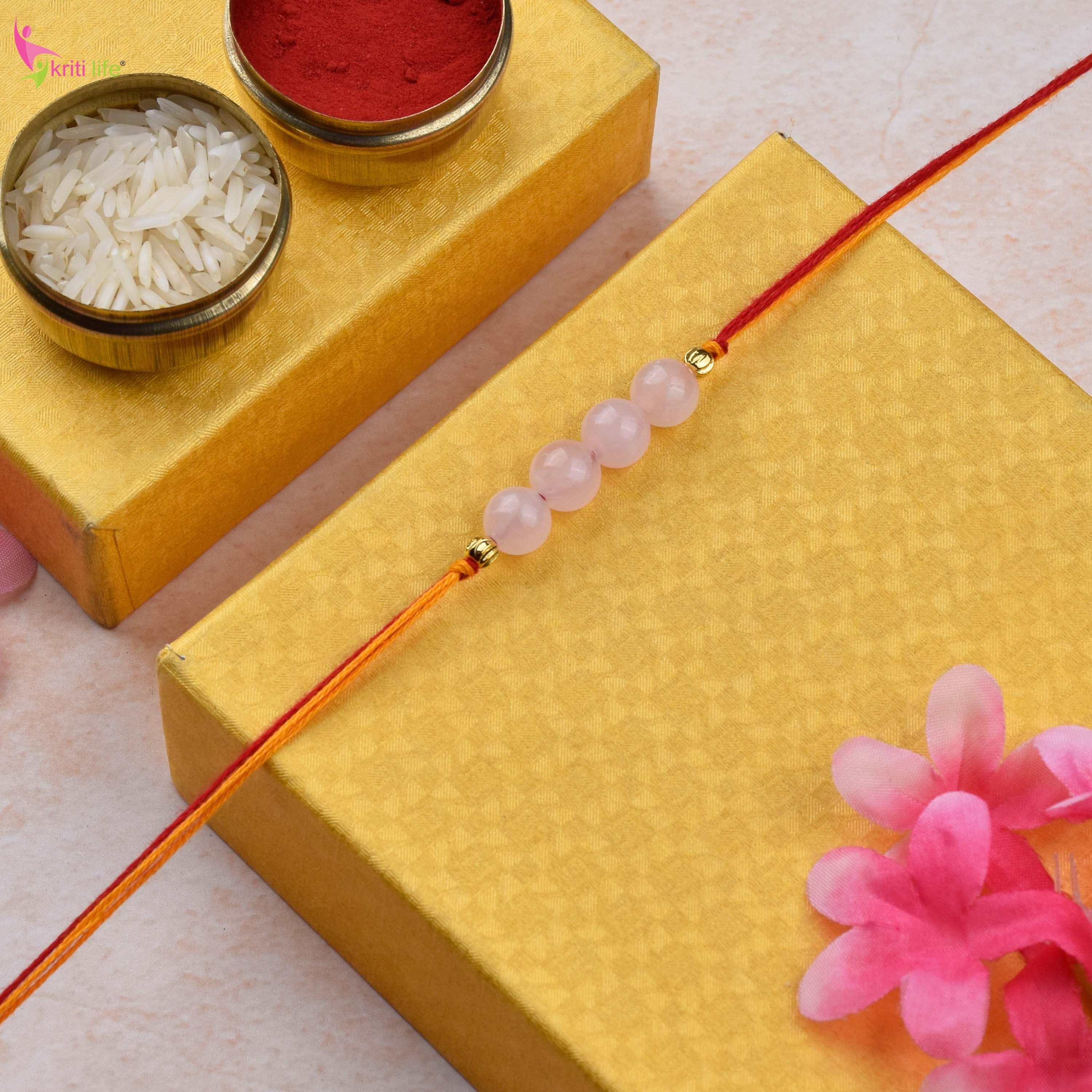 Rose Quartz Rakhi | Handmade Natural Stone Raksha Bandhan Thread for Brother