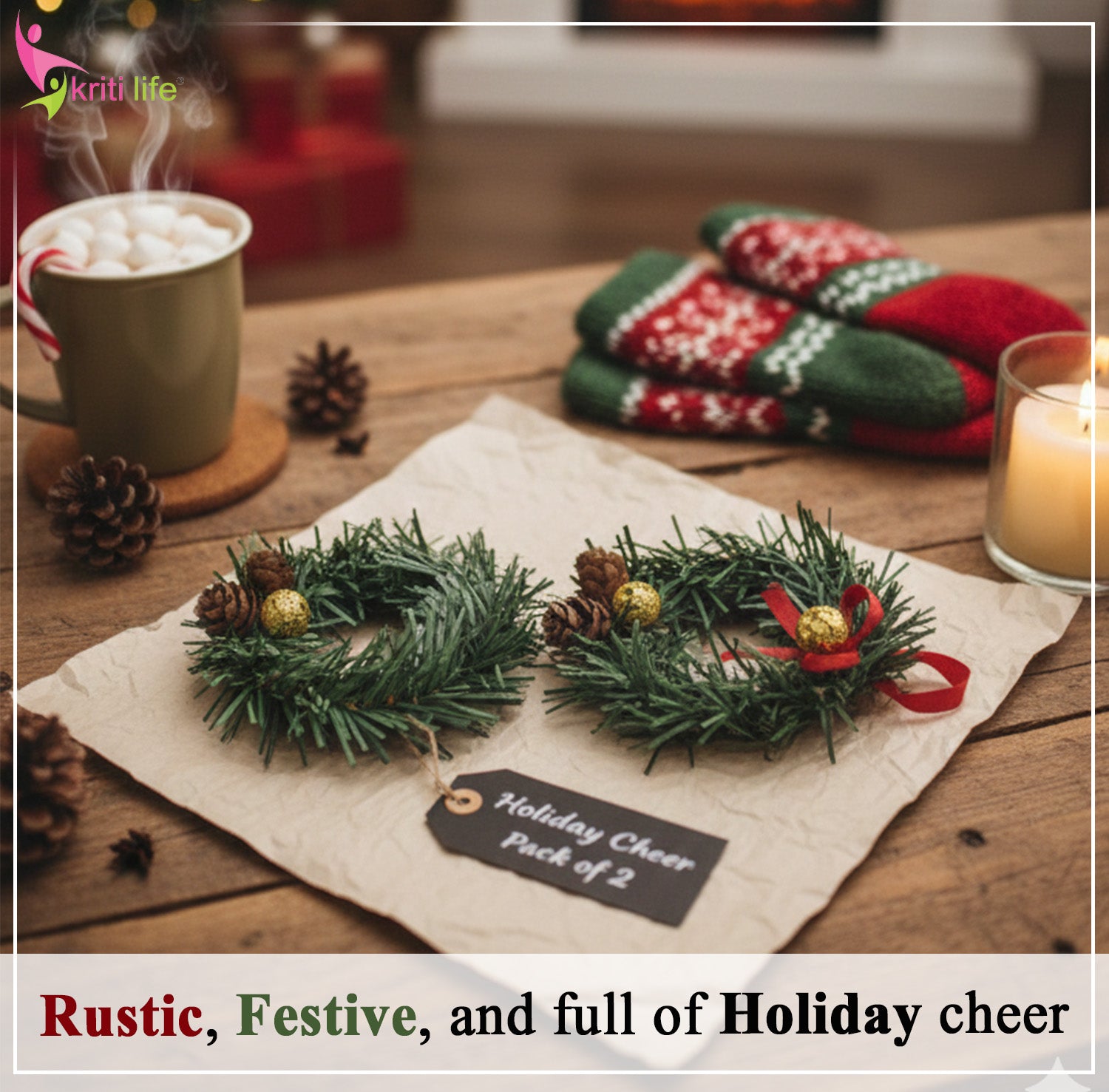 Mini Christmas Pine Wreath – Set of 2 (Beige Base, Festive Decor)