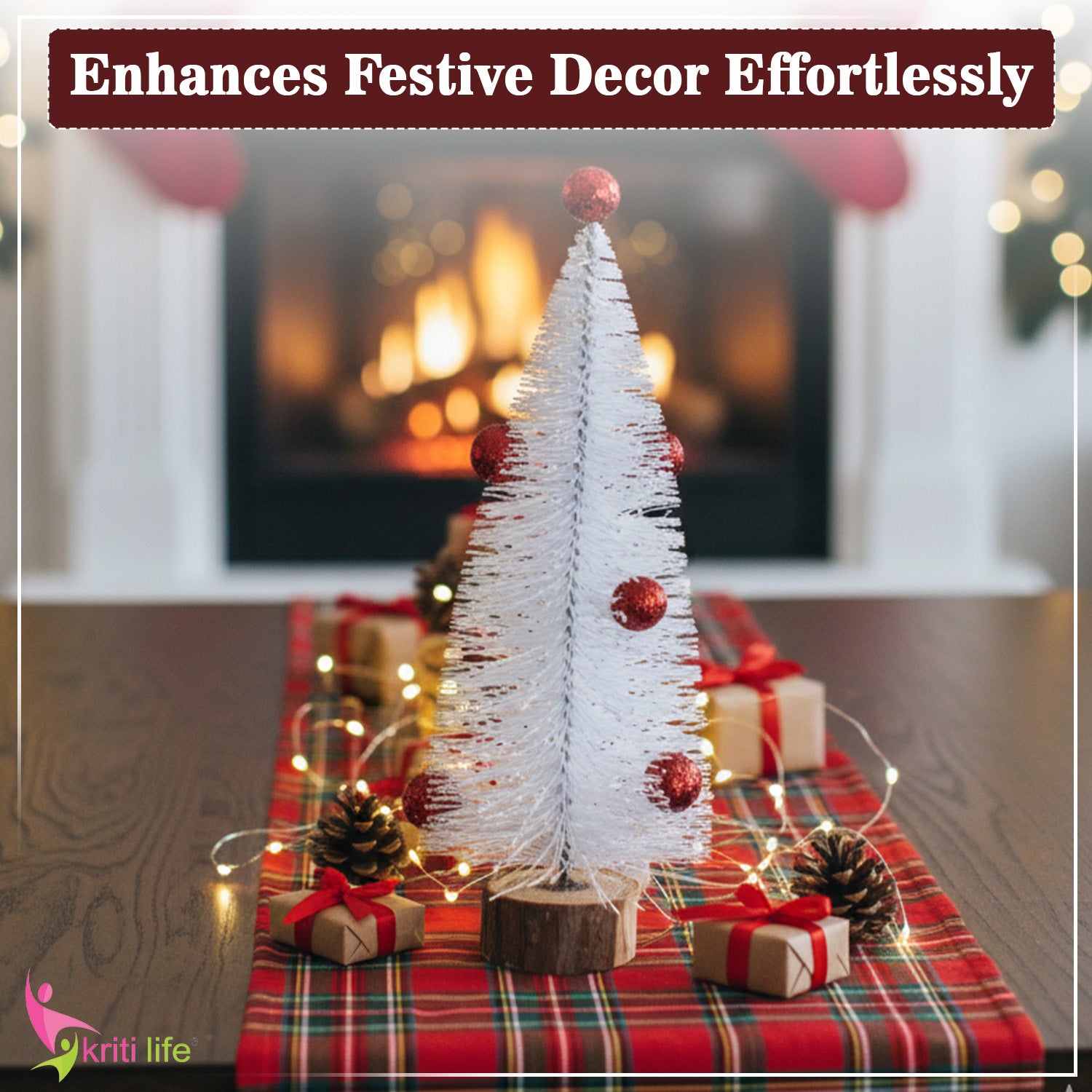 Mini White Table Christmas Tree with Red Balls – 20 cm | Wooden Base