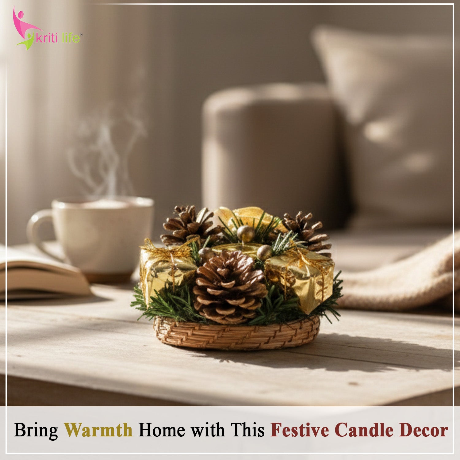 Festive Pinecone Candle Ring Decor – Golden Gift Theme -  4 inch