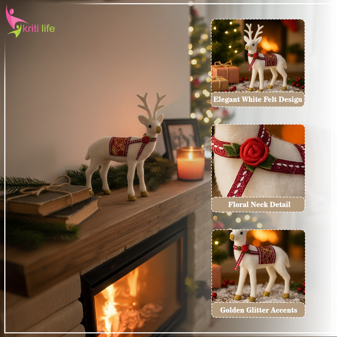 White Felt Reindeer – Elegant Christmas Table Decor - 8 inches