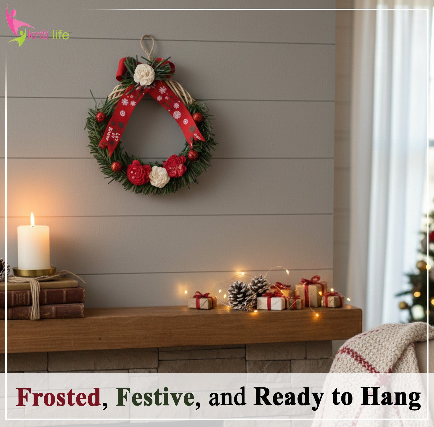 Christmas Floral Wreath – Festive Hanging Décor (Beige & Red)