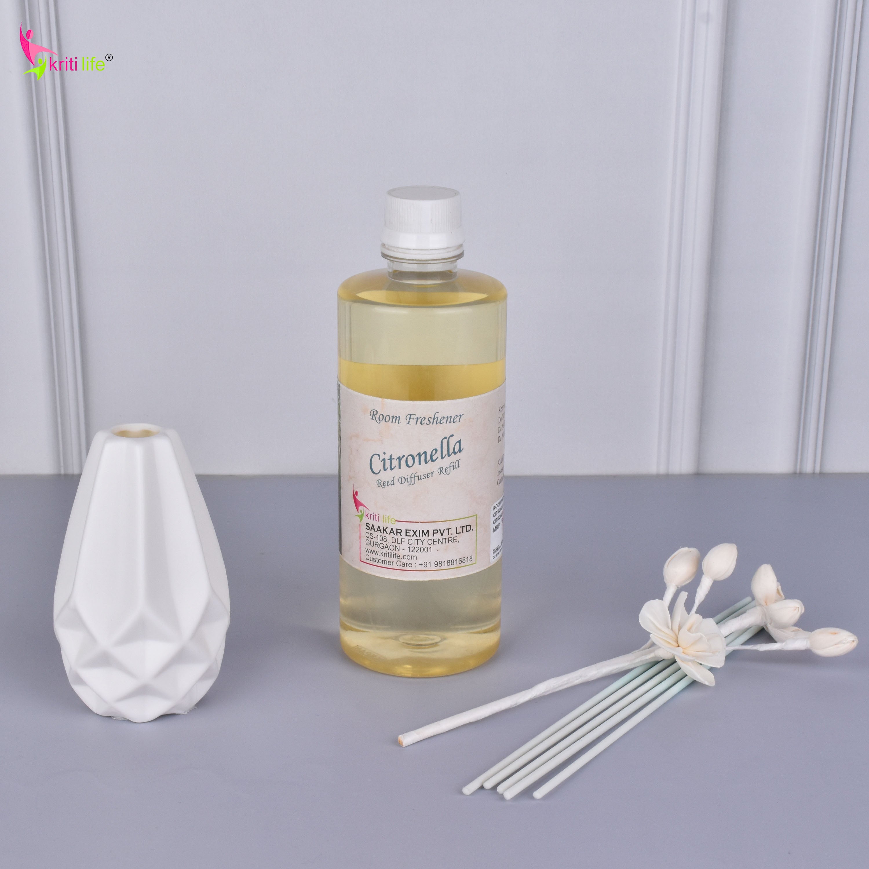 Kriti Life Reed Diffuser Refill - Citronella 450ML Long-Lasting Room Fragrance