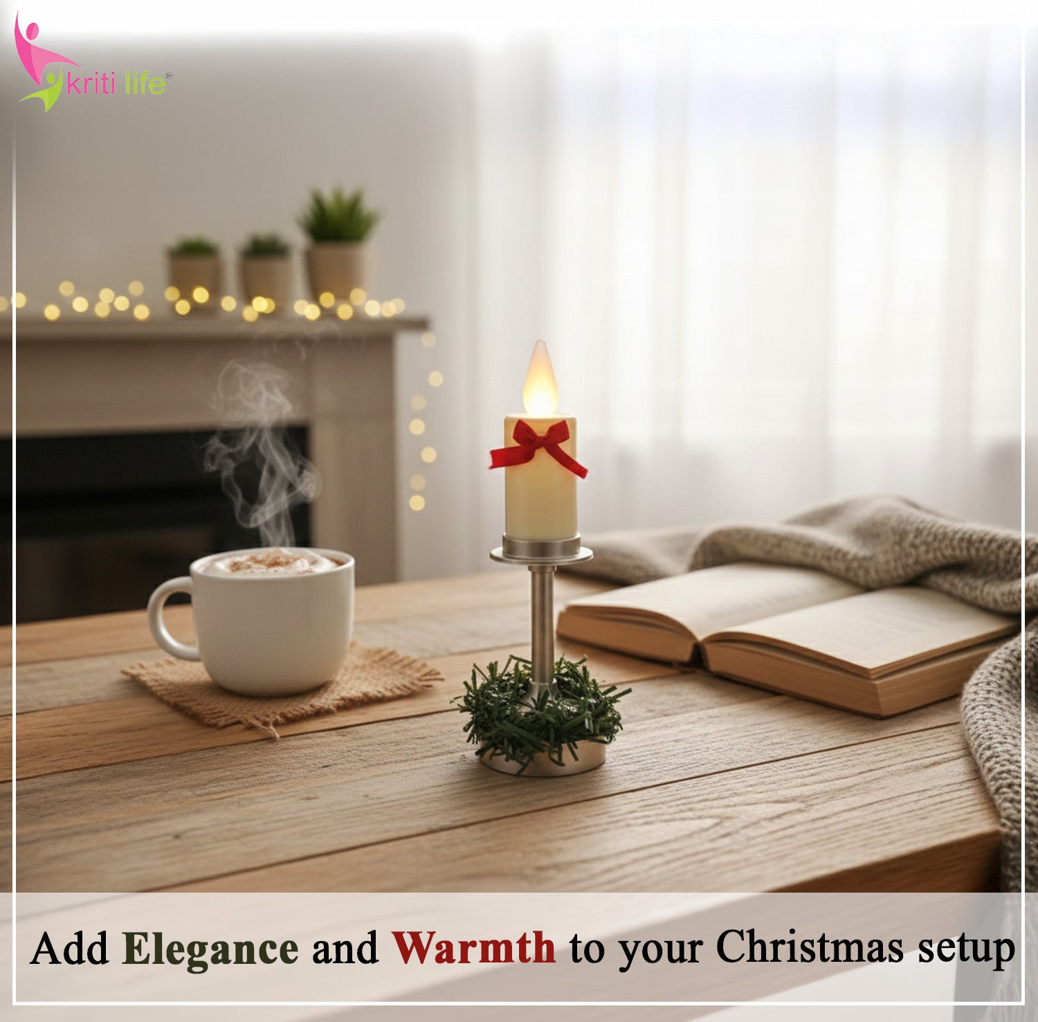 Electric LED Candle with Metal Stand – Beige (On/Off Base Switch)