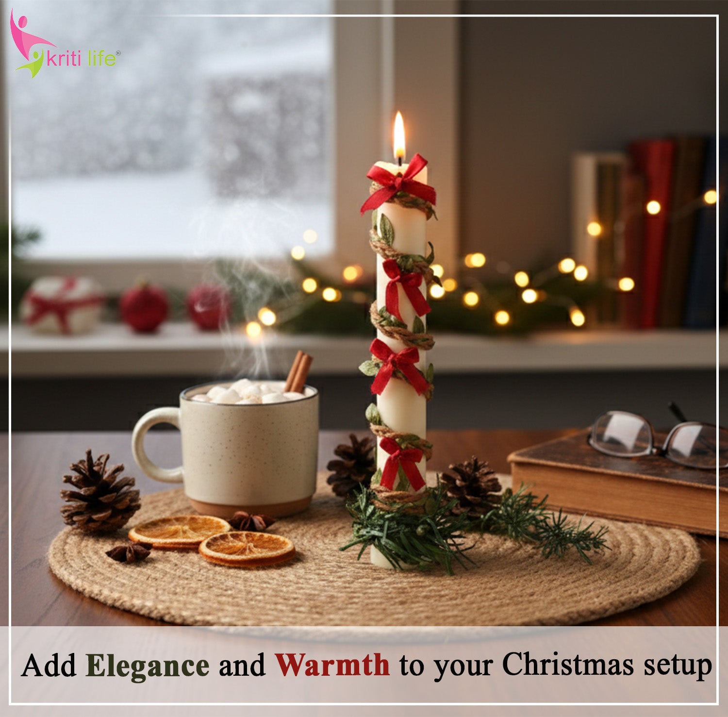 Electric Light-Up Christmas Candle with Decorative Red Bow & Wreath Base