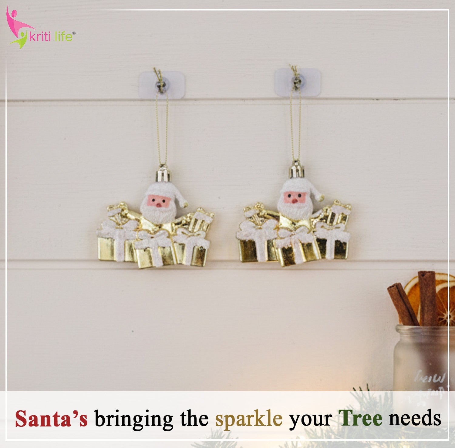 Santa Gift Box Hanging Ornaments – Golden Christmas Tree Decor (Set of 2)