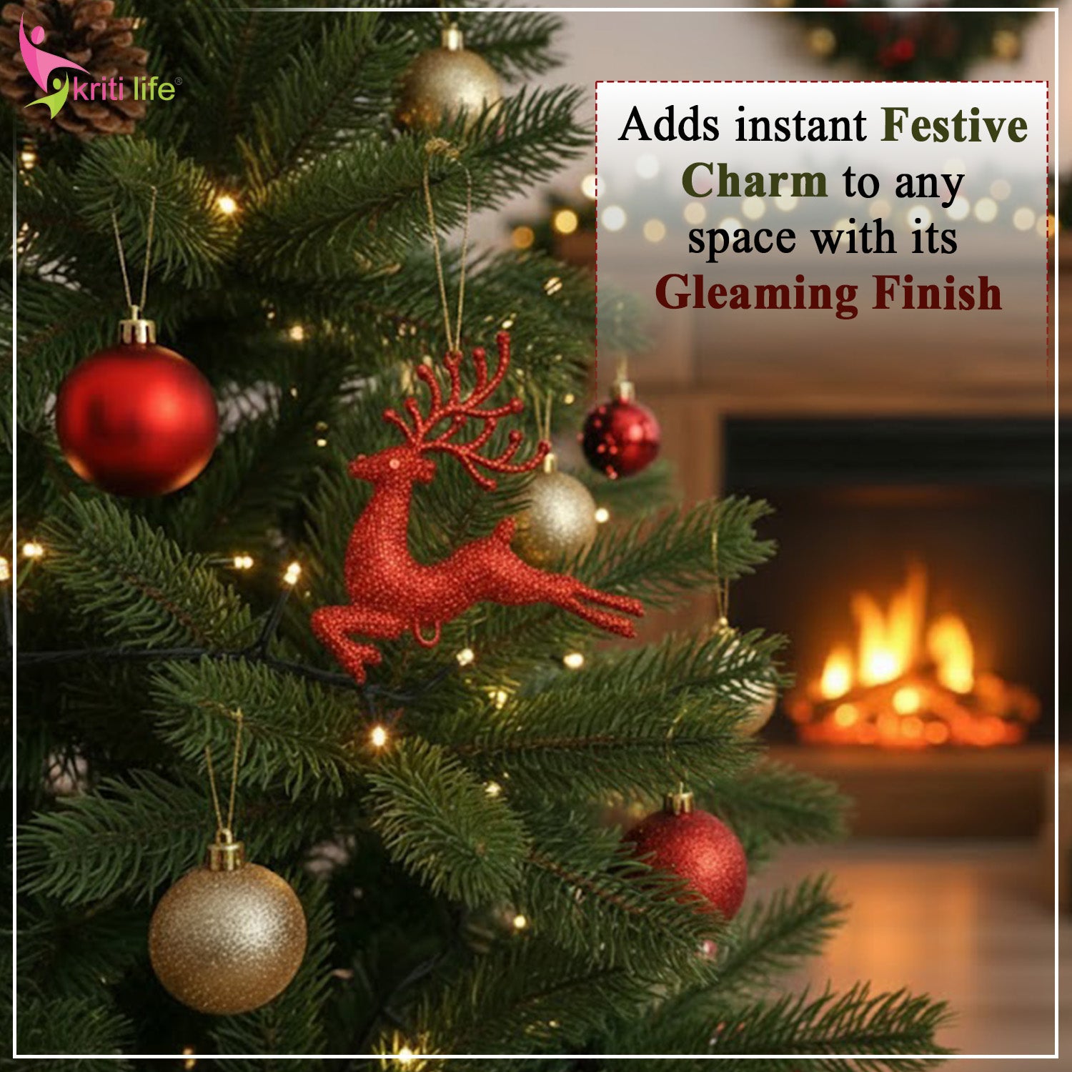 Red Glitter Reindeer Christmas Ornaments – Hanging Décor (Pack of 4)