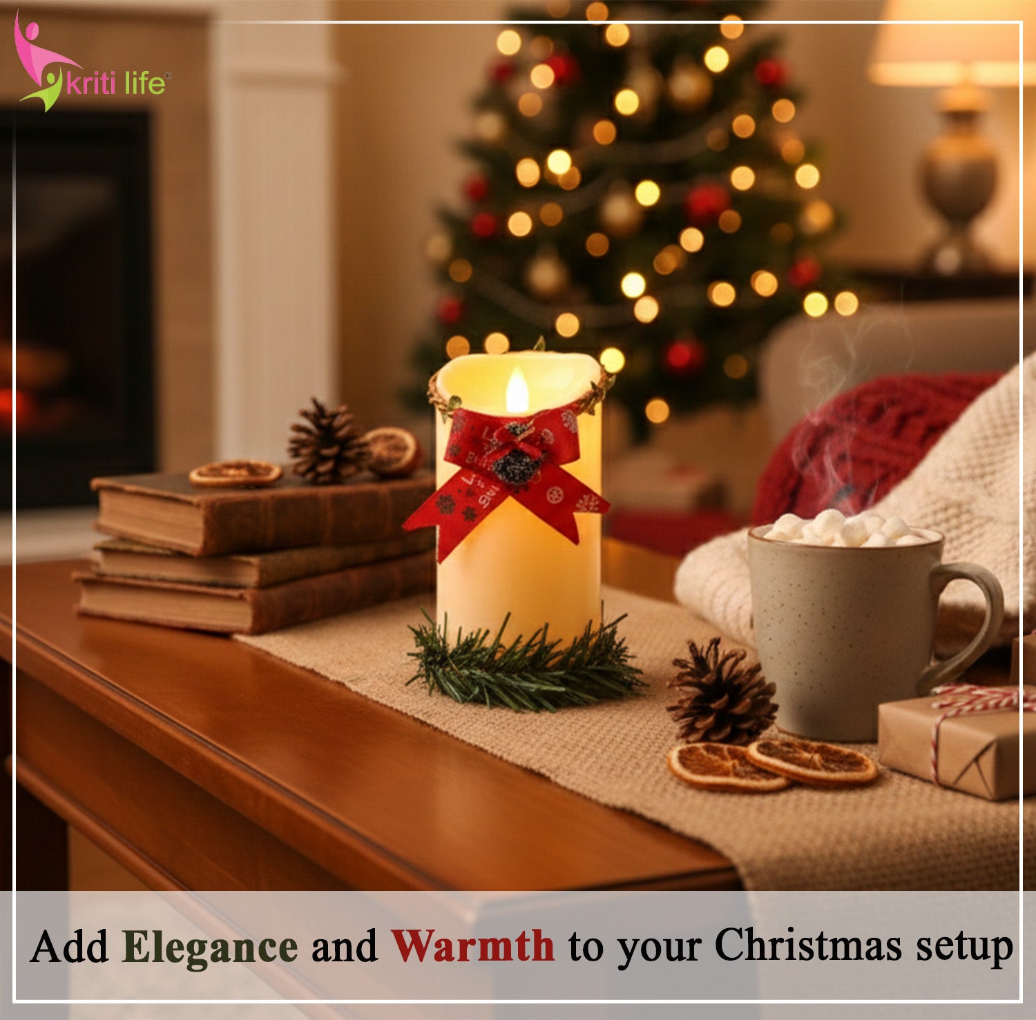 Beige Flameless LED Candle with Red Bow & Mini Wreath Base