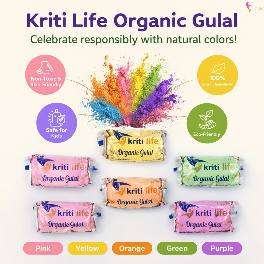 Organic Gulal – Pack of 5 Assorted Holi Colours | 100% Safe Dry Colour Powder