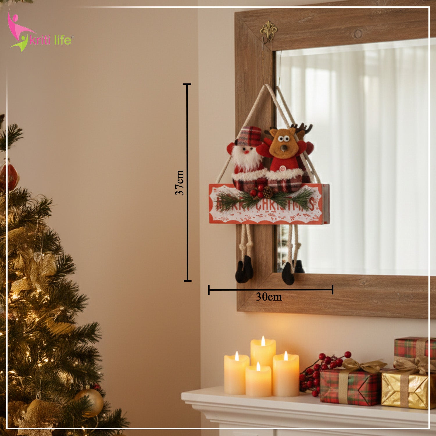 Santa & Reindeer Hanging Merry Christmas Wall Decor (Beige, 37×30 cm)