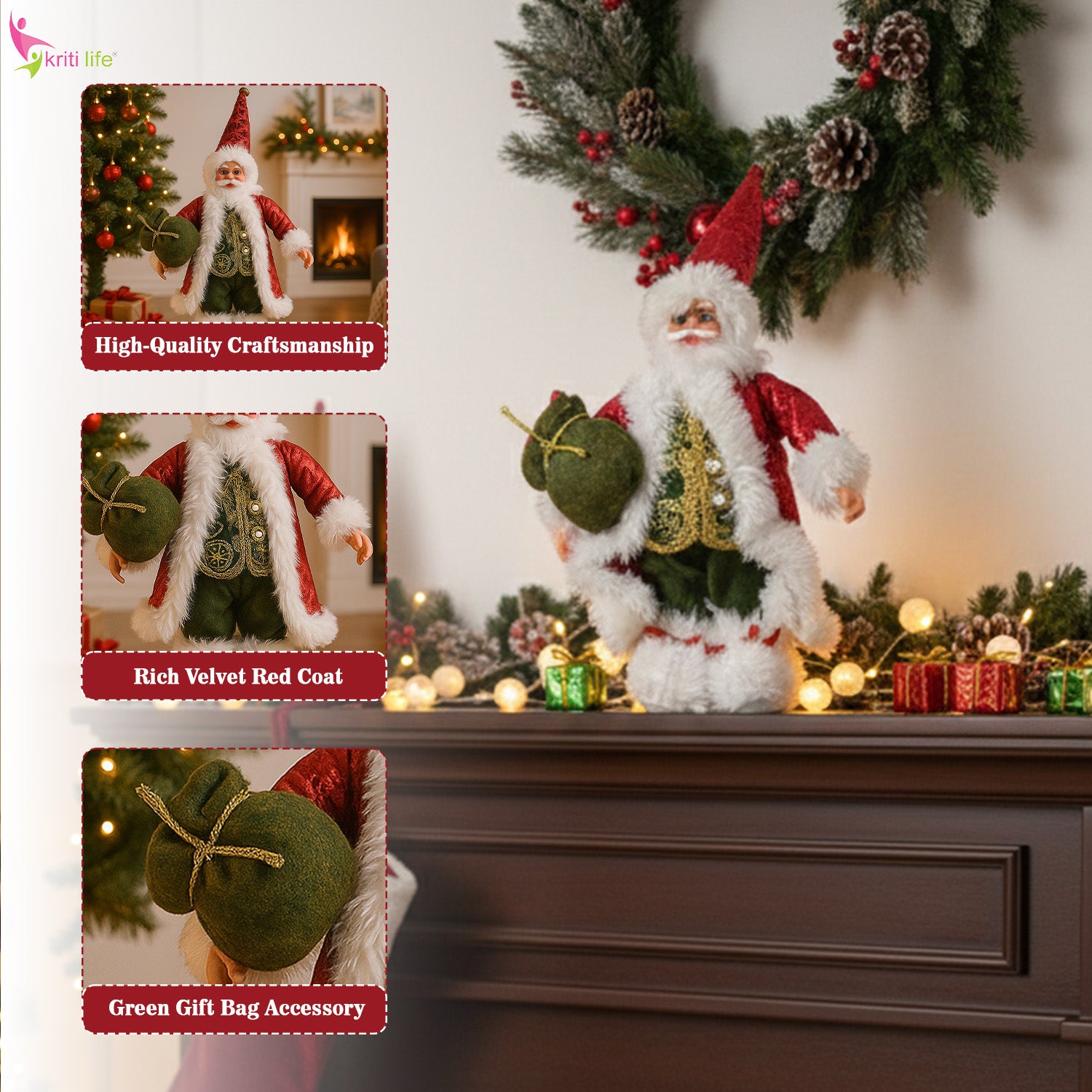 Premium Standing Santa Claus Doll with Velvet Coat & Gift Bag (42 cm)