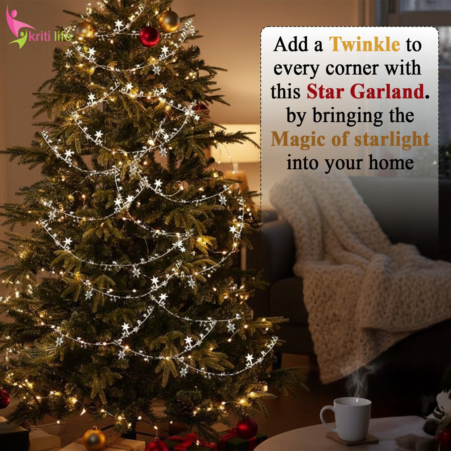 Metallic Star Garland for Christmas Tree & Home Décor – Red / Silver