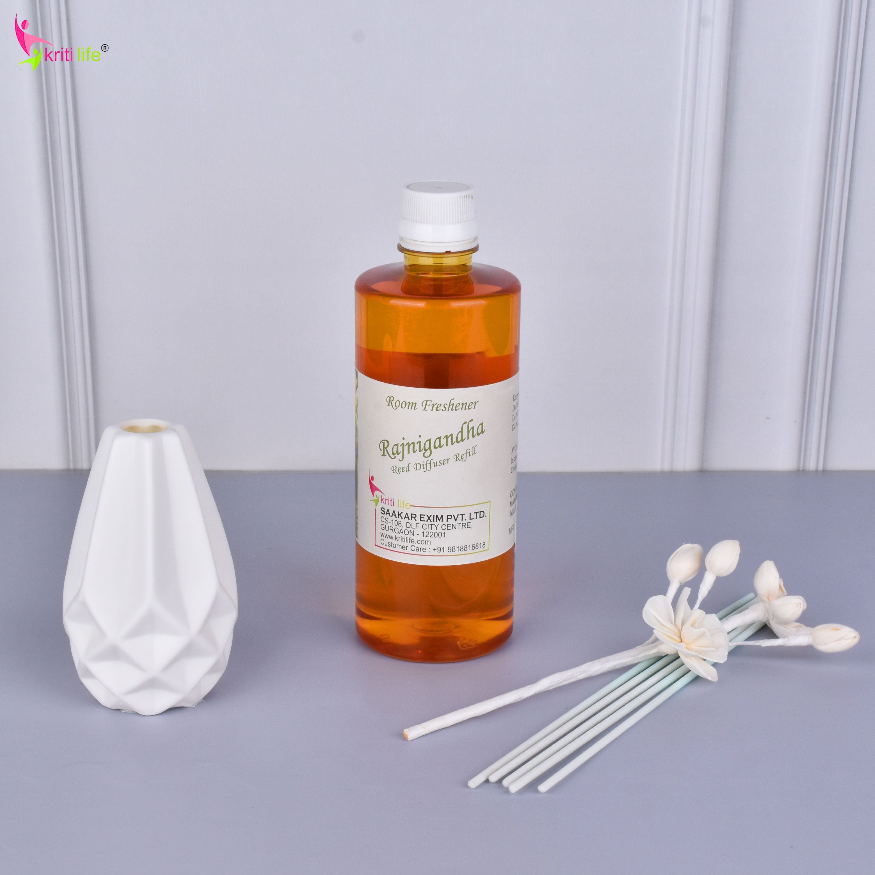 Kriti Life Reed Diffuser Refill - Rajni Gandha 450ML Long-Lasting Room Fragrance