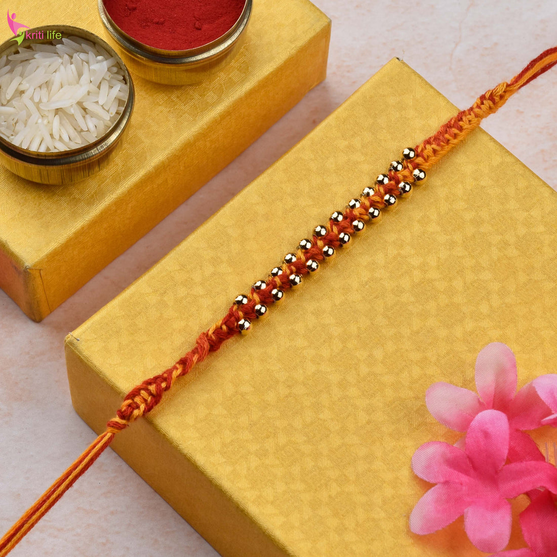 Handmade Mouli Thread Golden Beads Rakhi Set of 2