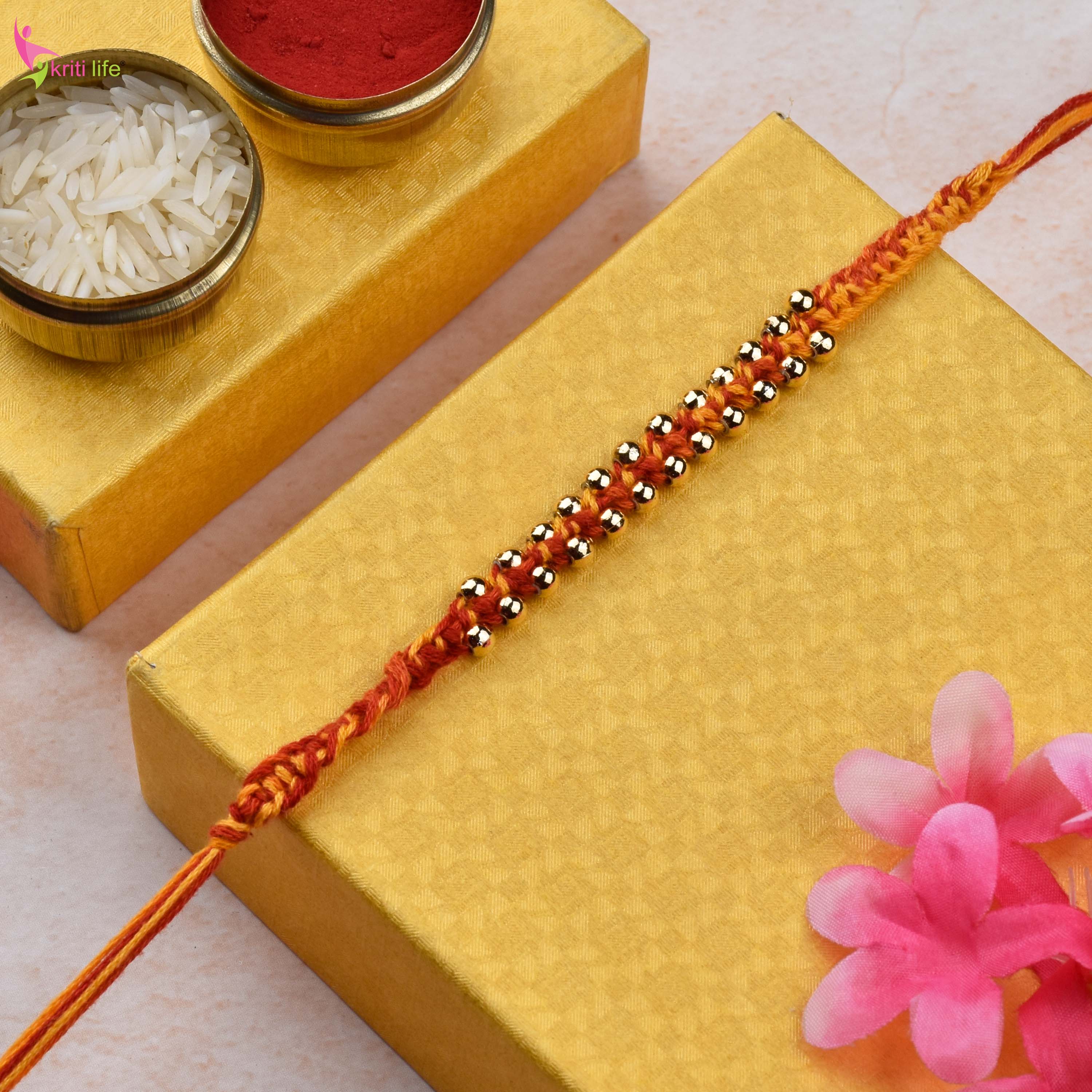 Handmade Mouli Thread Golden Beads Rakhi Set of 2