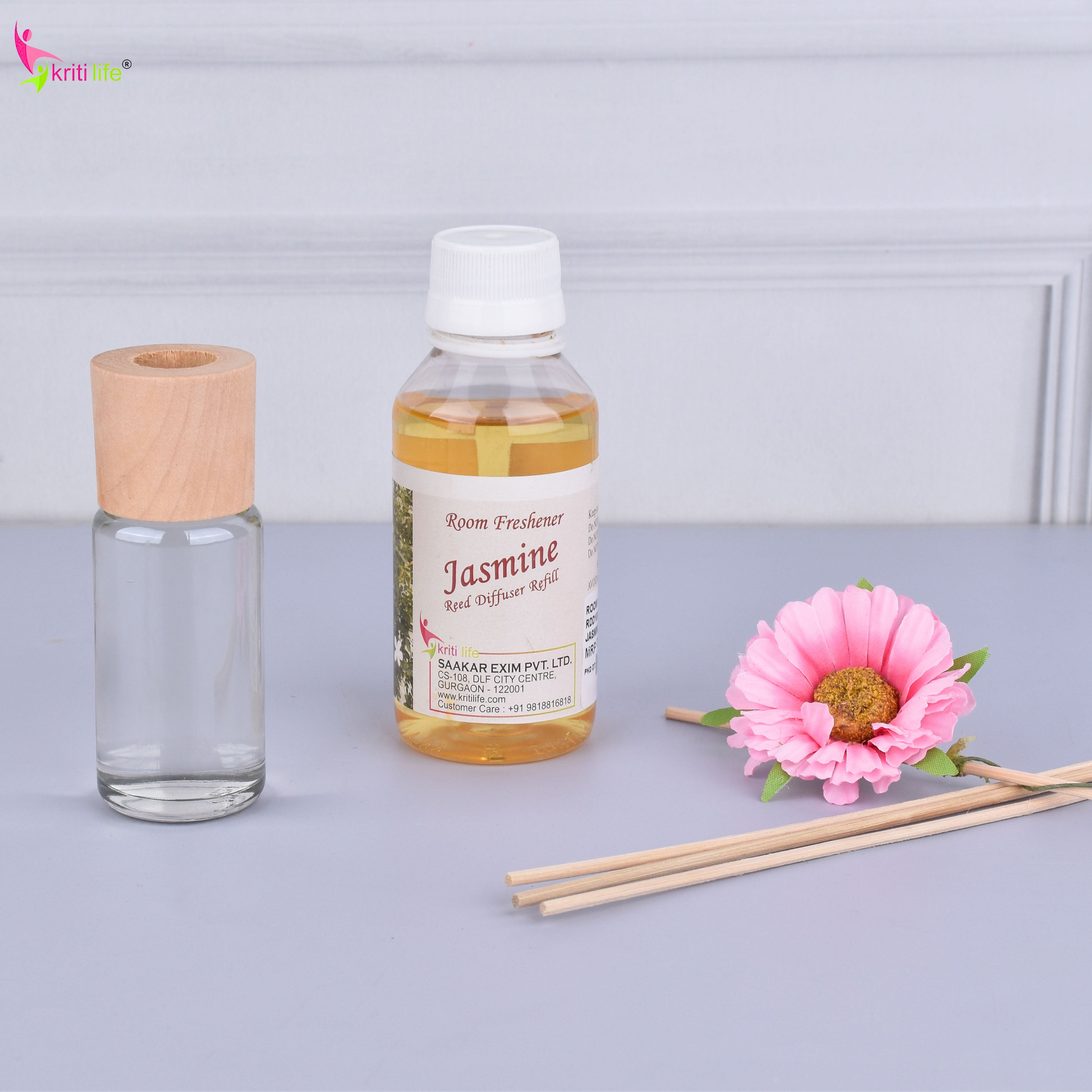 Kriti Life Reed Diffuser Refill - Jasmine 90ML Long-Lasting Room Fragrance