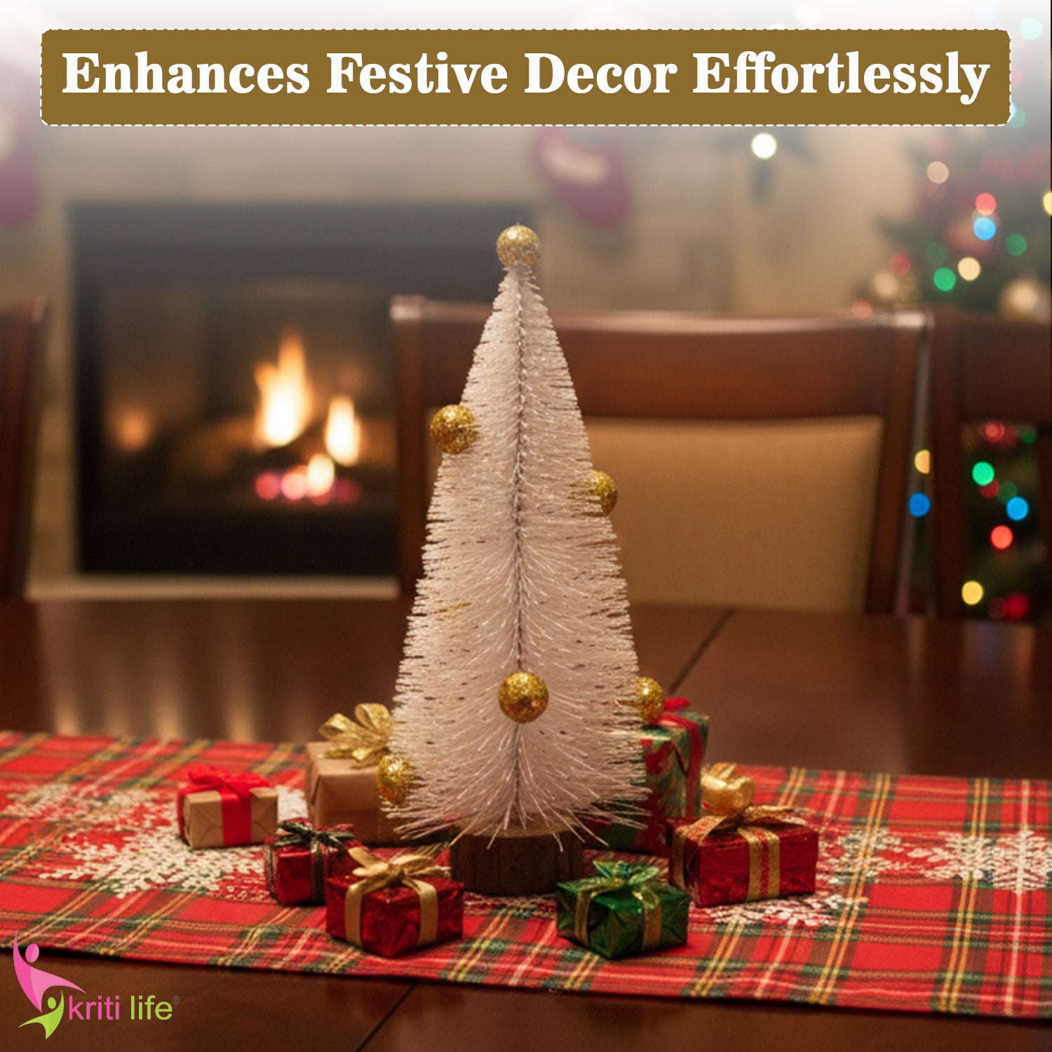 Mini White Table Christmas Tree with Golden Balls – 20 cm | Wooden Base