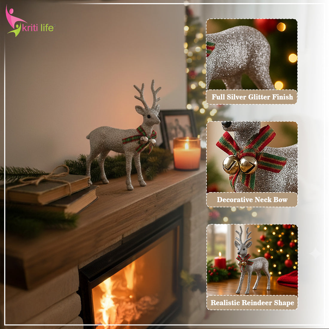 Silver Glitter Standing Reindeer – Christmas Table & Home Décor -  6 inches