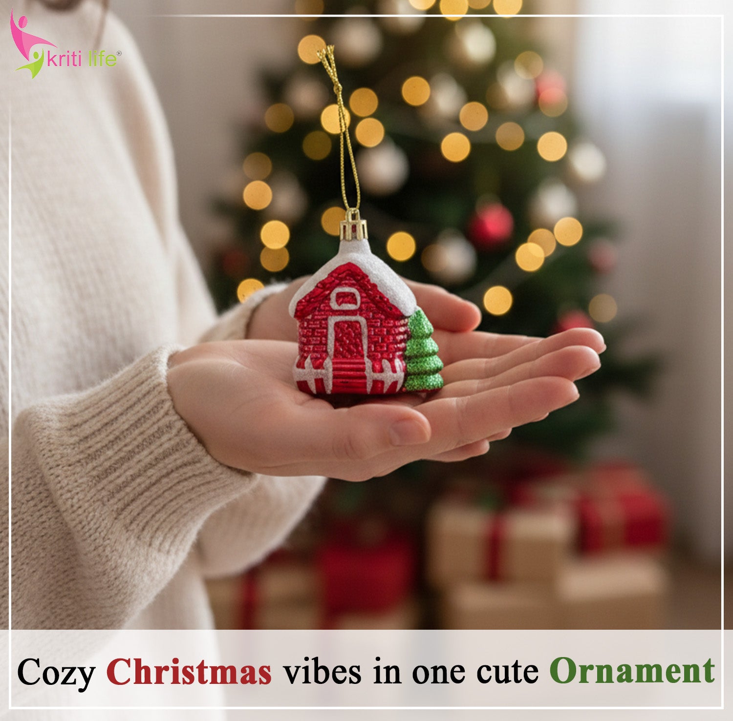 Mini Christmas House Ornament – Red Cabin with Snow & Tree (Set of 2)