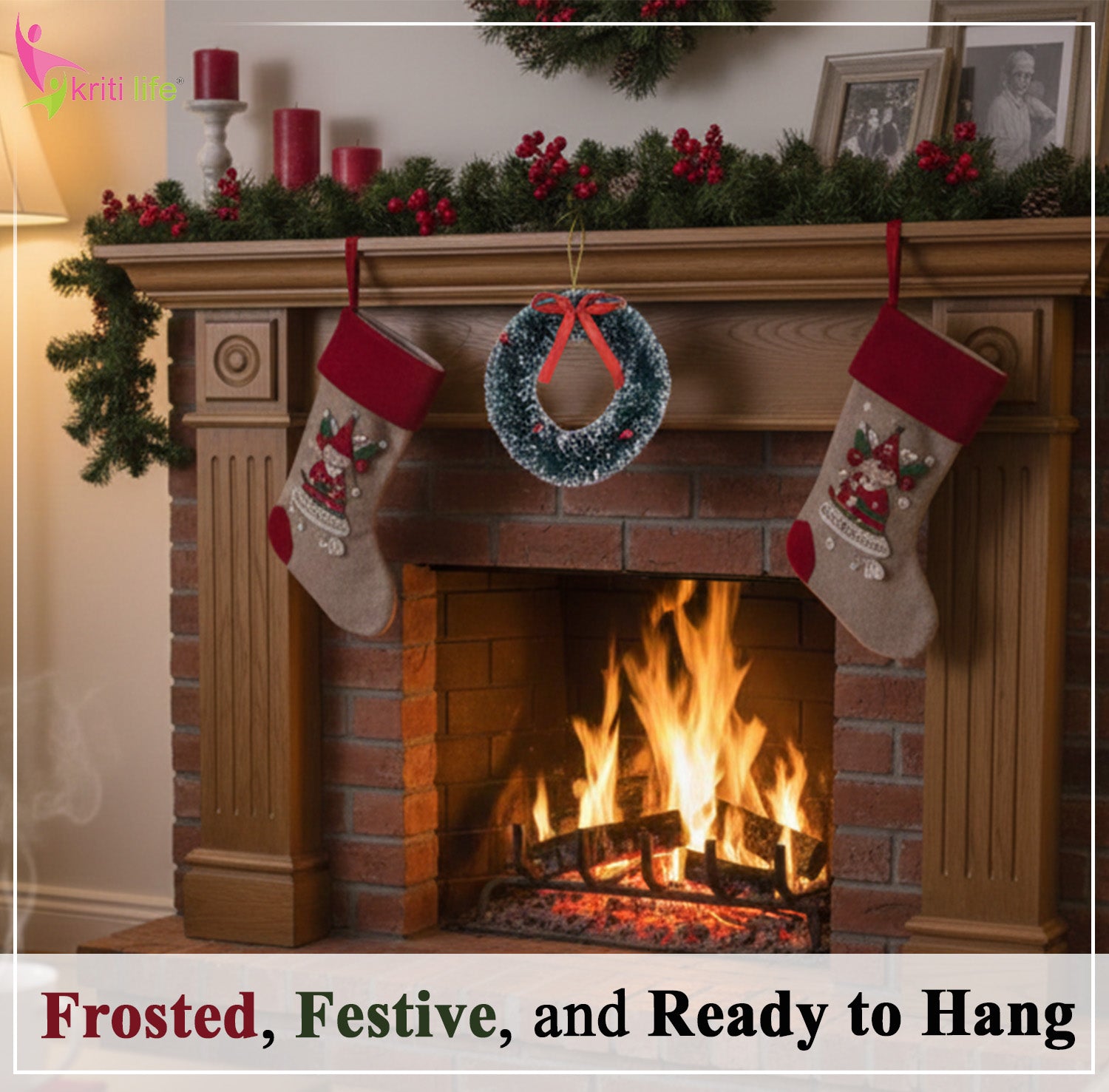 Frosted Christmas Wreath – Snow-Kissed Pine Hanging ( Beige Base)