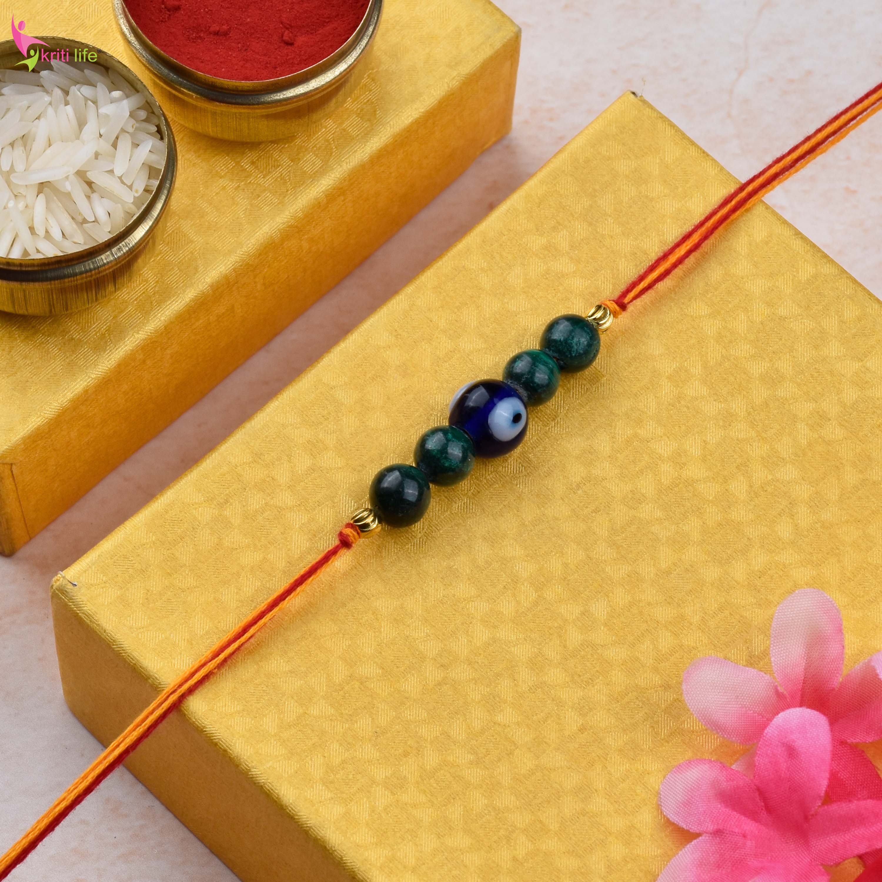 Malachite & Evil Eye Rakhi | Handmade Natural Stone Rakhi
