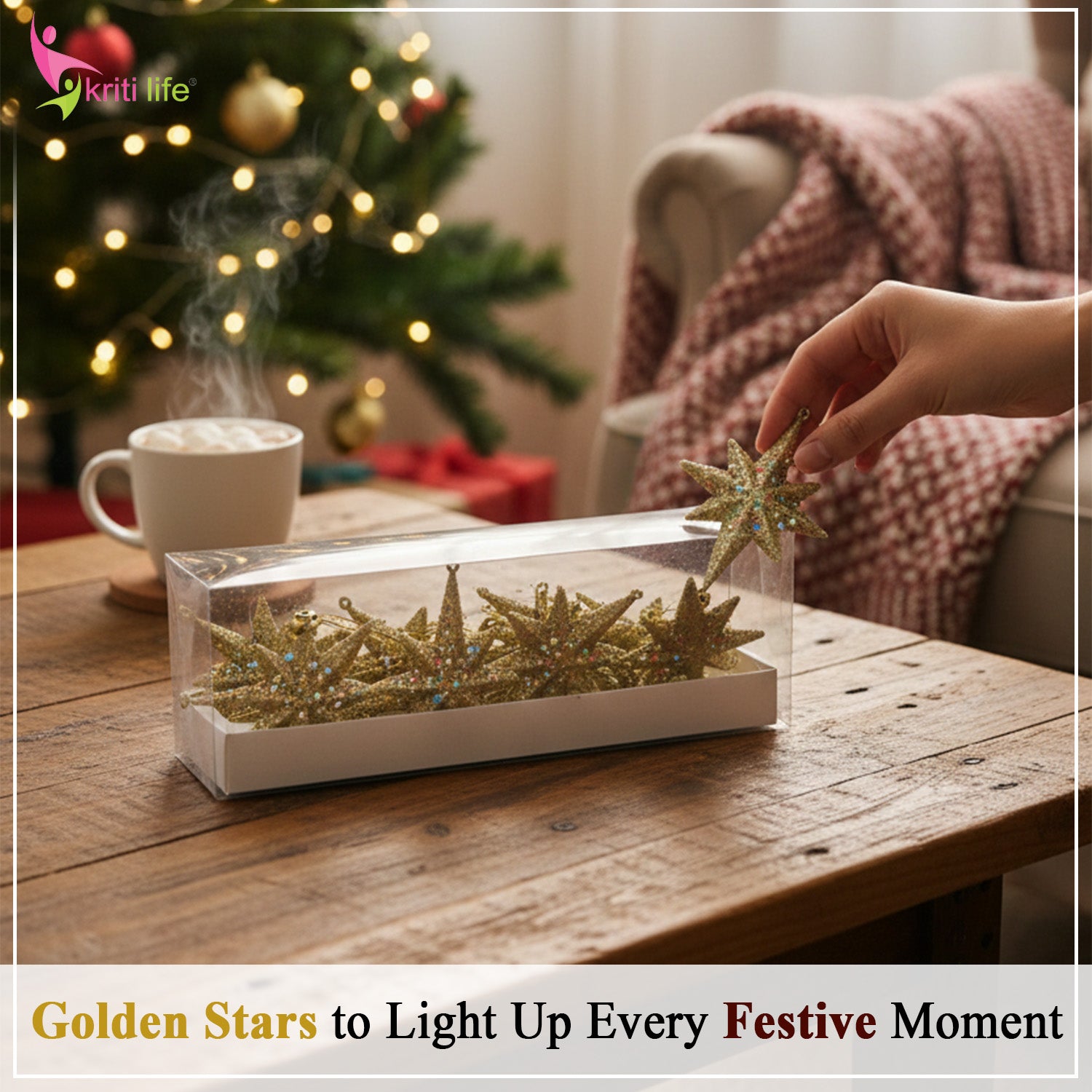 Golden Glitter Star Christmas Hanging Ornaments – Pack of 6