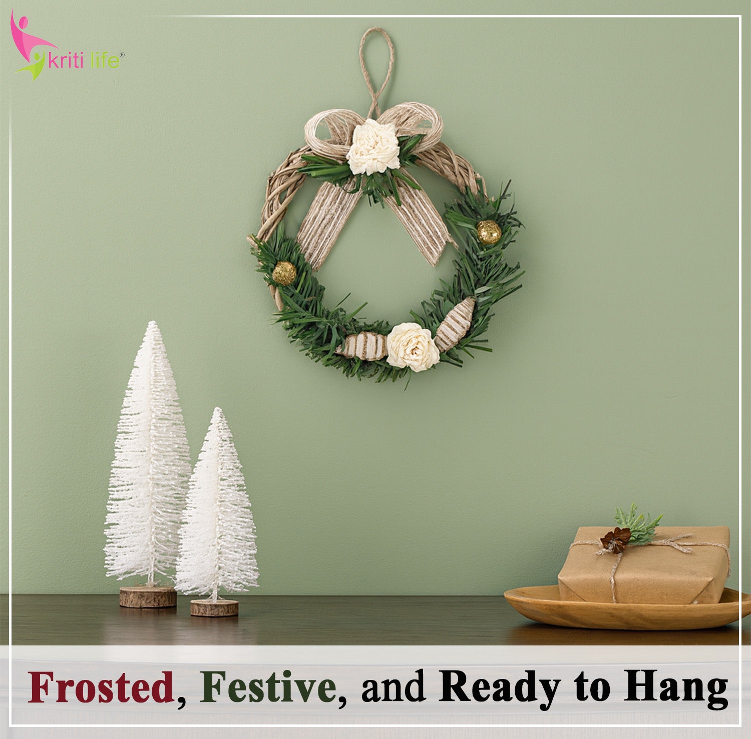 Rustic Beige Christmas Wreath – Natural Twig & Cream Floral (Set of 2)