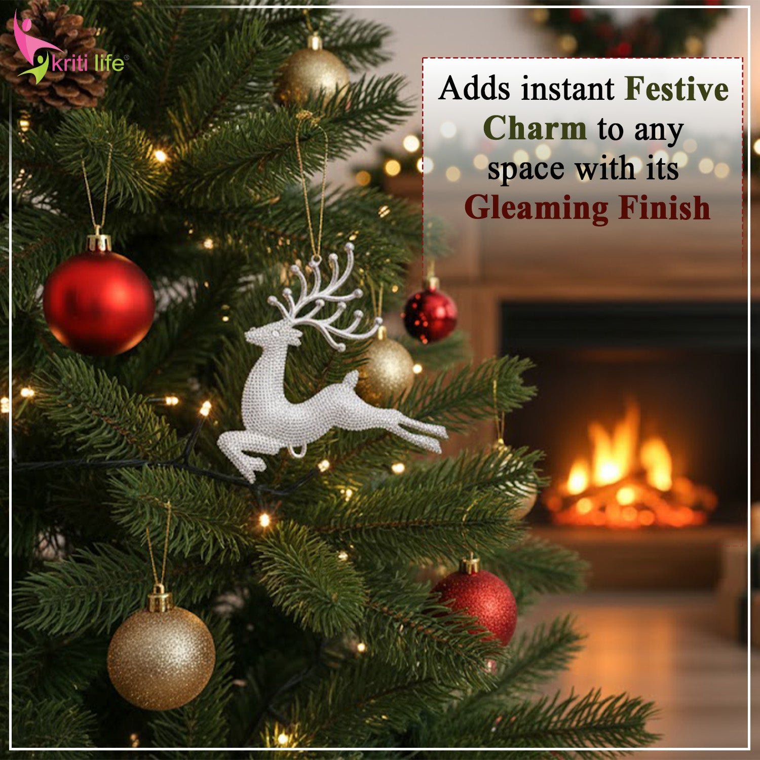 Silver Glitter Reindeer Christmas Ornaments – Hanging Décor (Pack of 4)