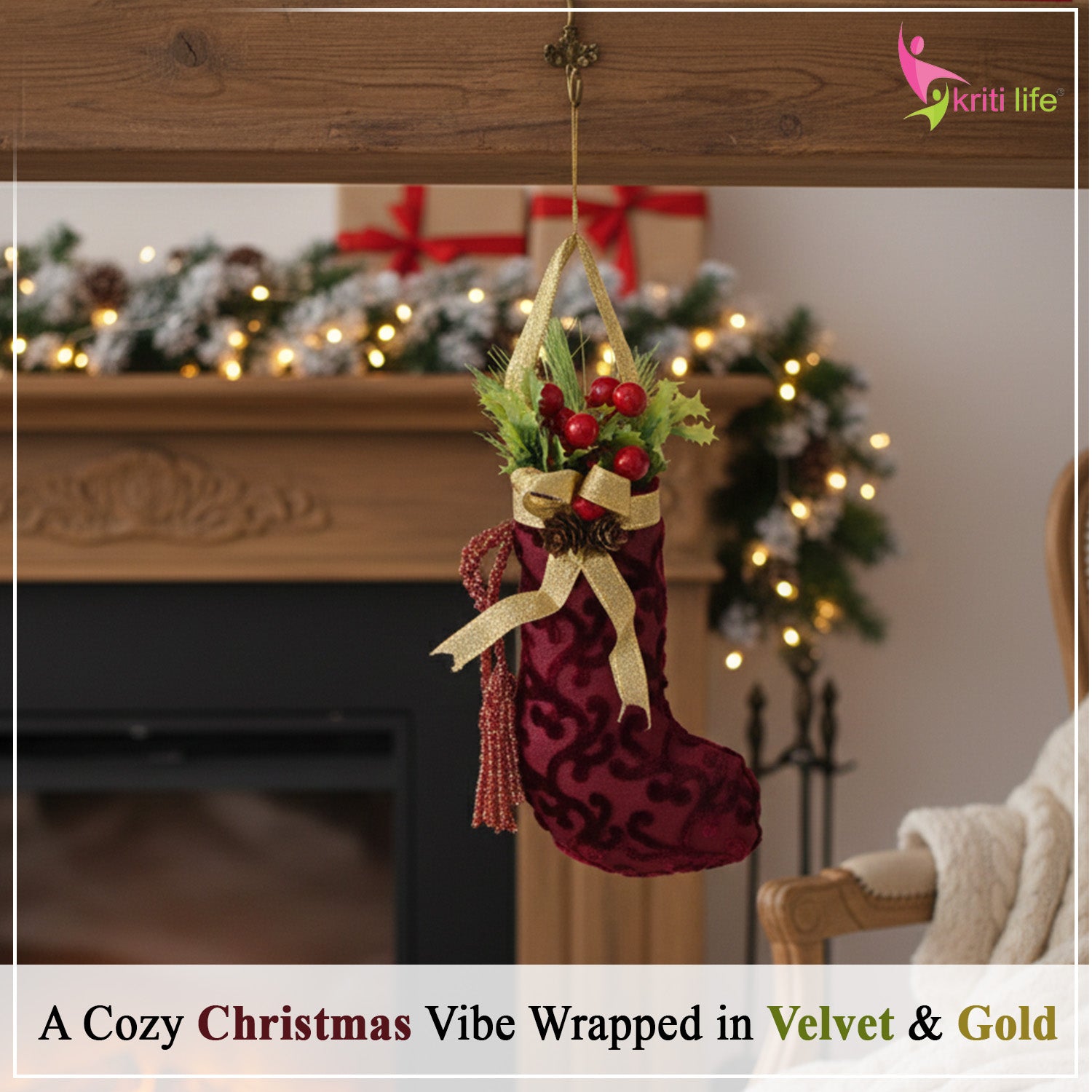 Velvet Christmas Stocking Hanging Ornament – Red & Gold Décor - 8 inch