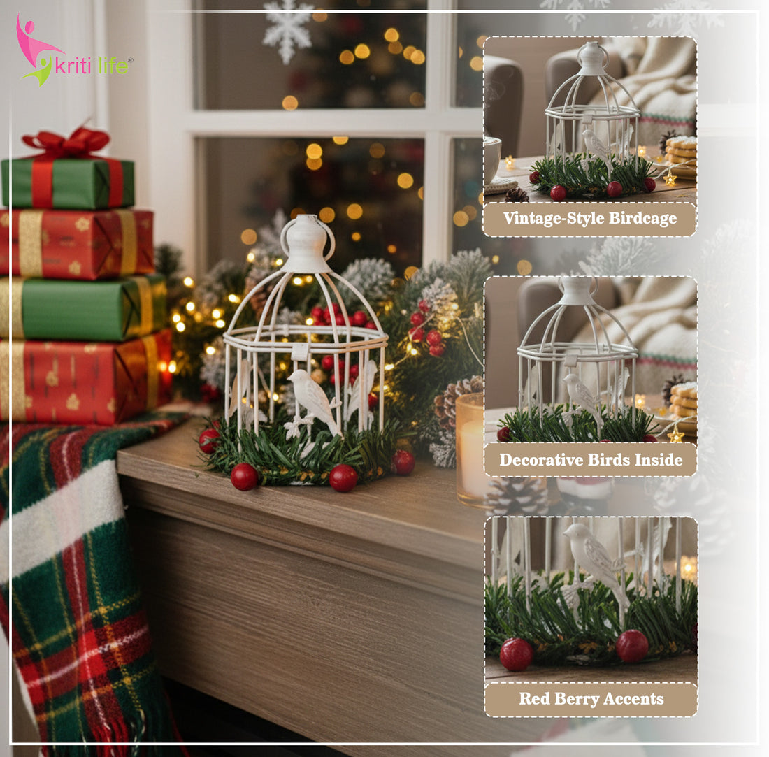 Vintage Christmas Lantern with Birds & Tealight Holder