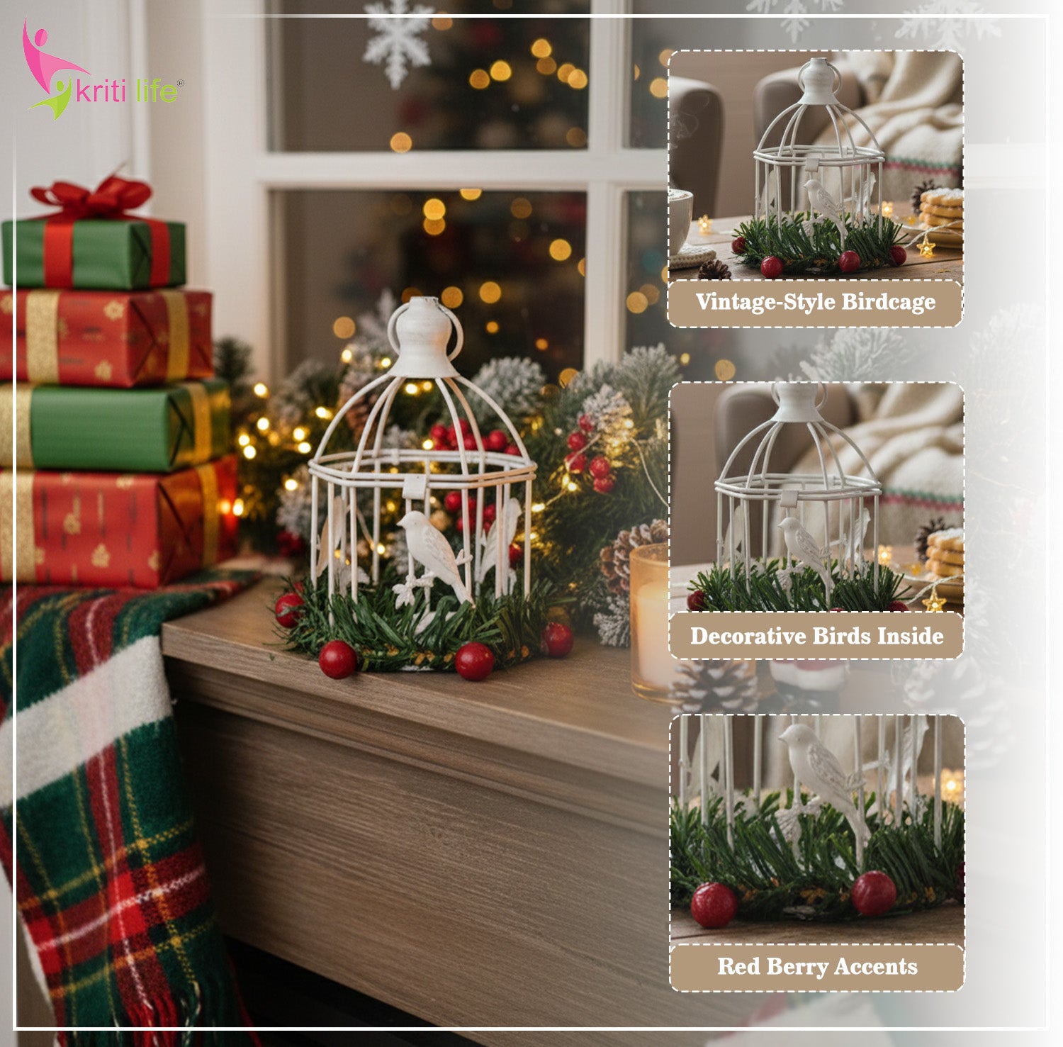 Vintage Christmas Lantern with Birds & Tealight Holder