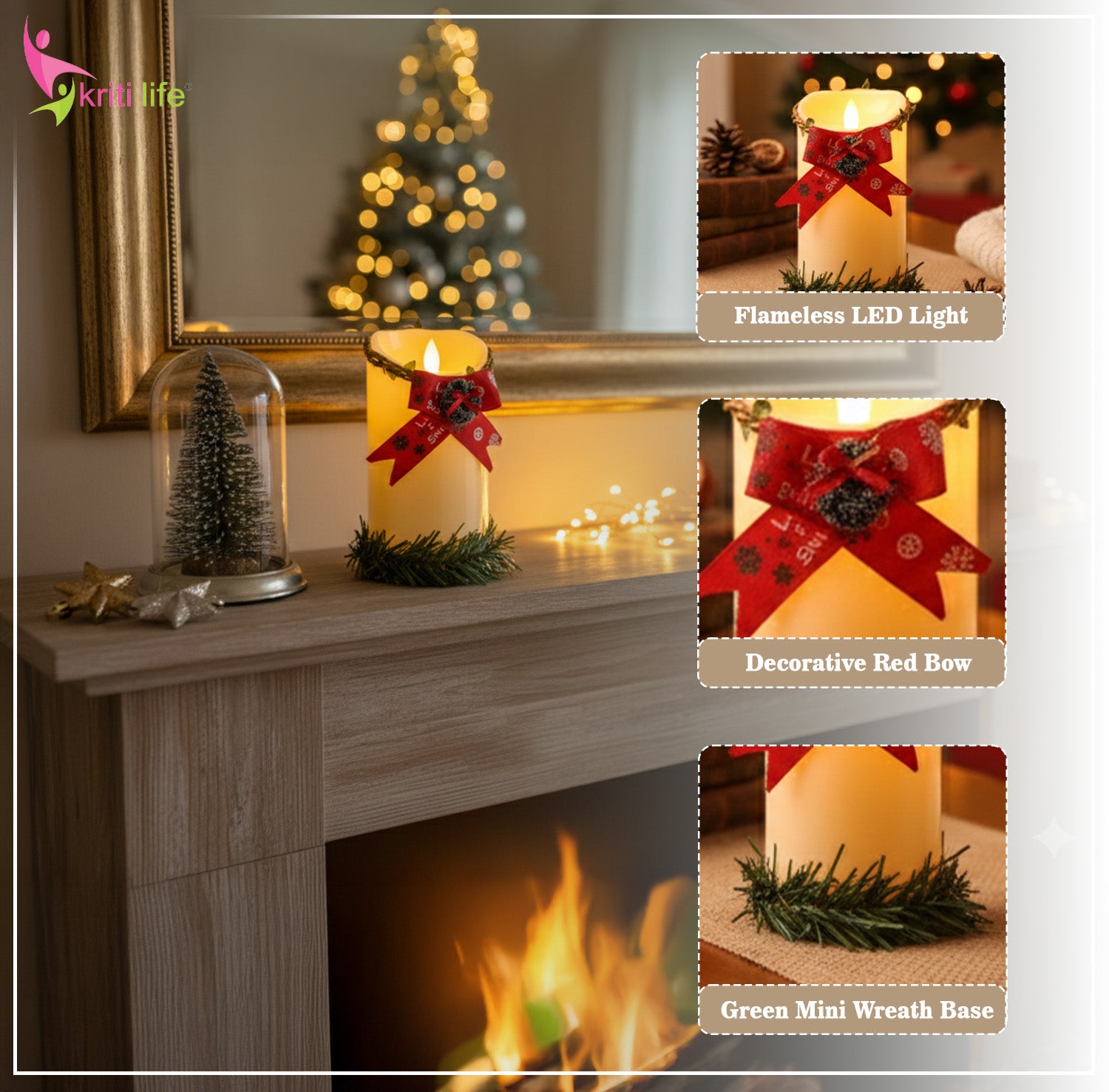 Beige Flameless LED Candle with Red Bow & Mini Wreath Base