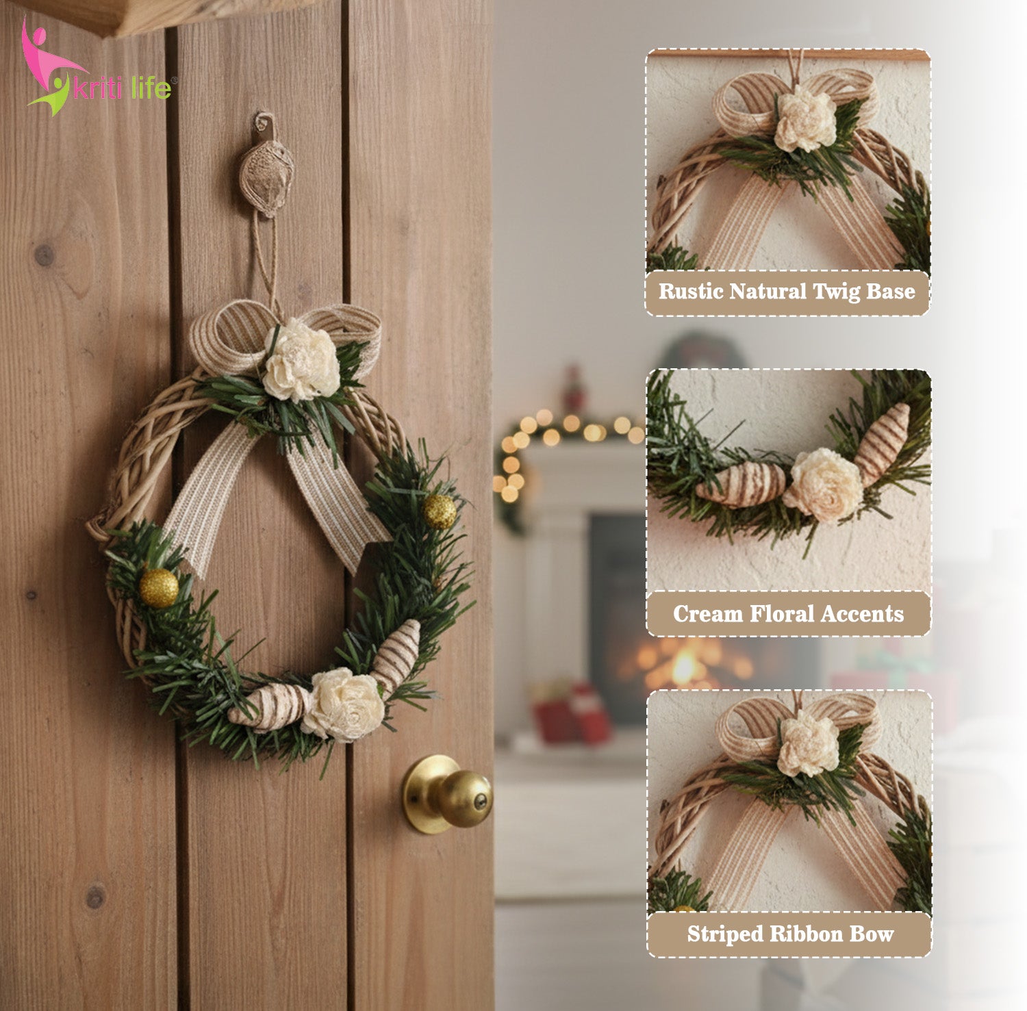 Rustic Beige Christmas Wreath – Natural Twig & Cream Floral (Set of 2)