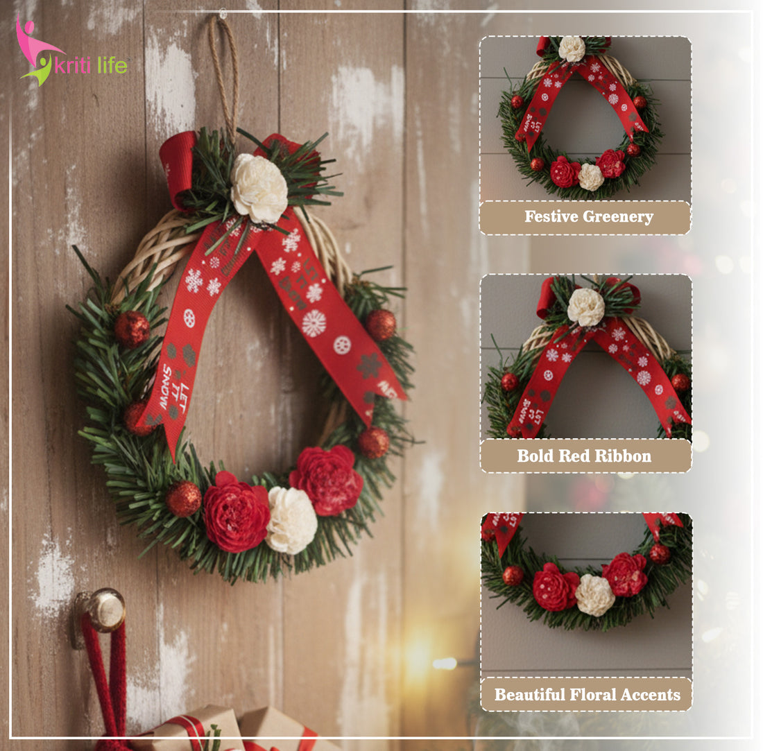 Christmas Floral Wreath – Festive Hanging Décor (Beige & Red)
