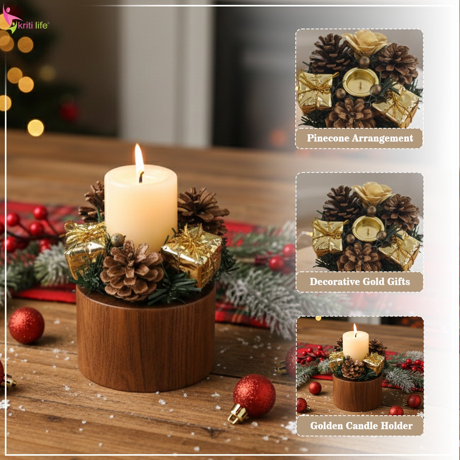 Festive Pinecone Candle Ring Decor – Golden Gift Theme -  4 inch