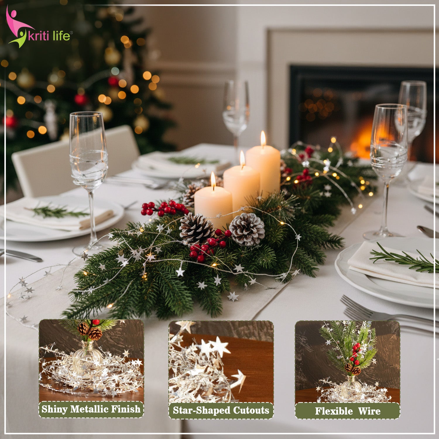 Metallic Star Garland for Christmas Tree & Home Décor – Red / Silver