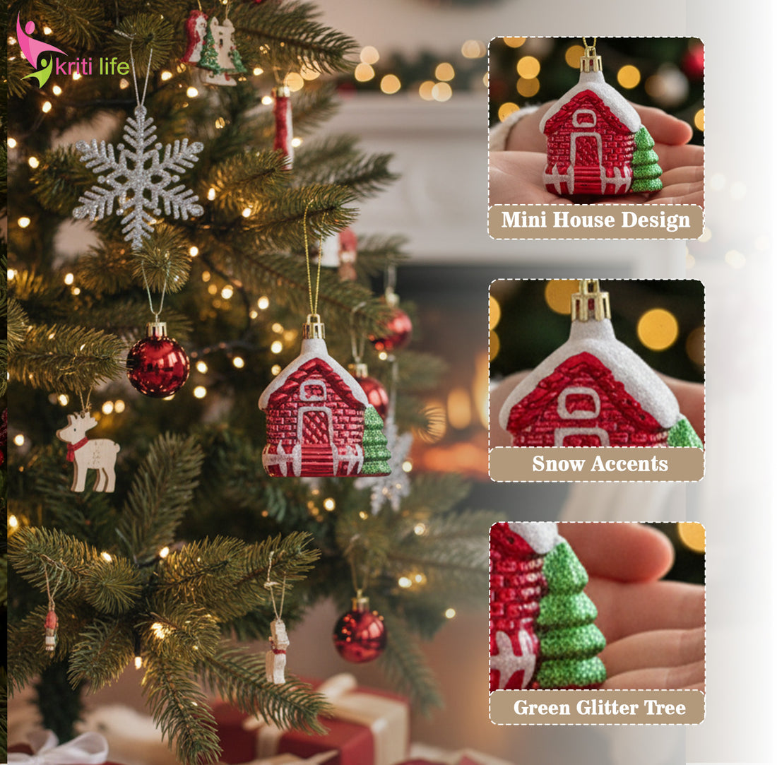 Mini Christmas House Ornament – Red Cabin with Snow & Tree (Set of 2)