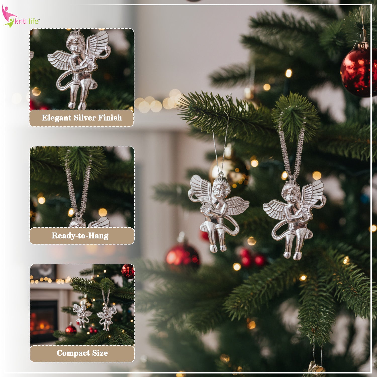 Silver Angel Christmas Hanging Ornaments – Pack of 2 (3 Inches)