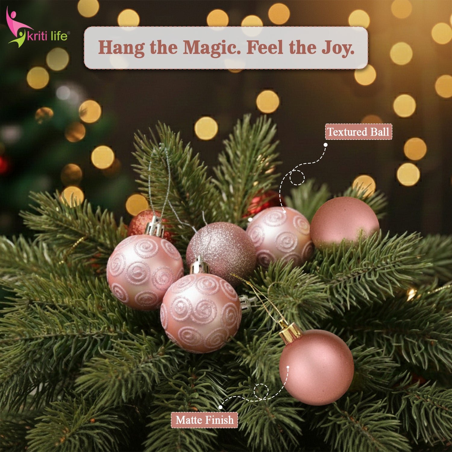Pink Christmas Tree Hanging Balls – Set of 16 (Beige Pink Collection)