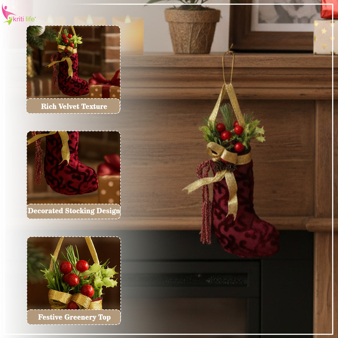 Velvet Christmas Stocking Hanging Ornament – Red & Gold Décor - 8 inch