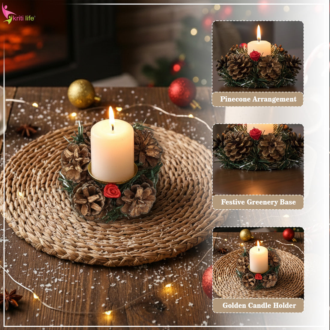 Pinecone Christmas Candle Holder Decor | Festive Table Centerpiece -  4 inch