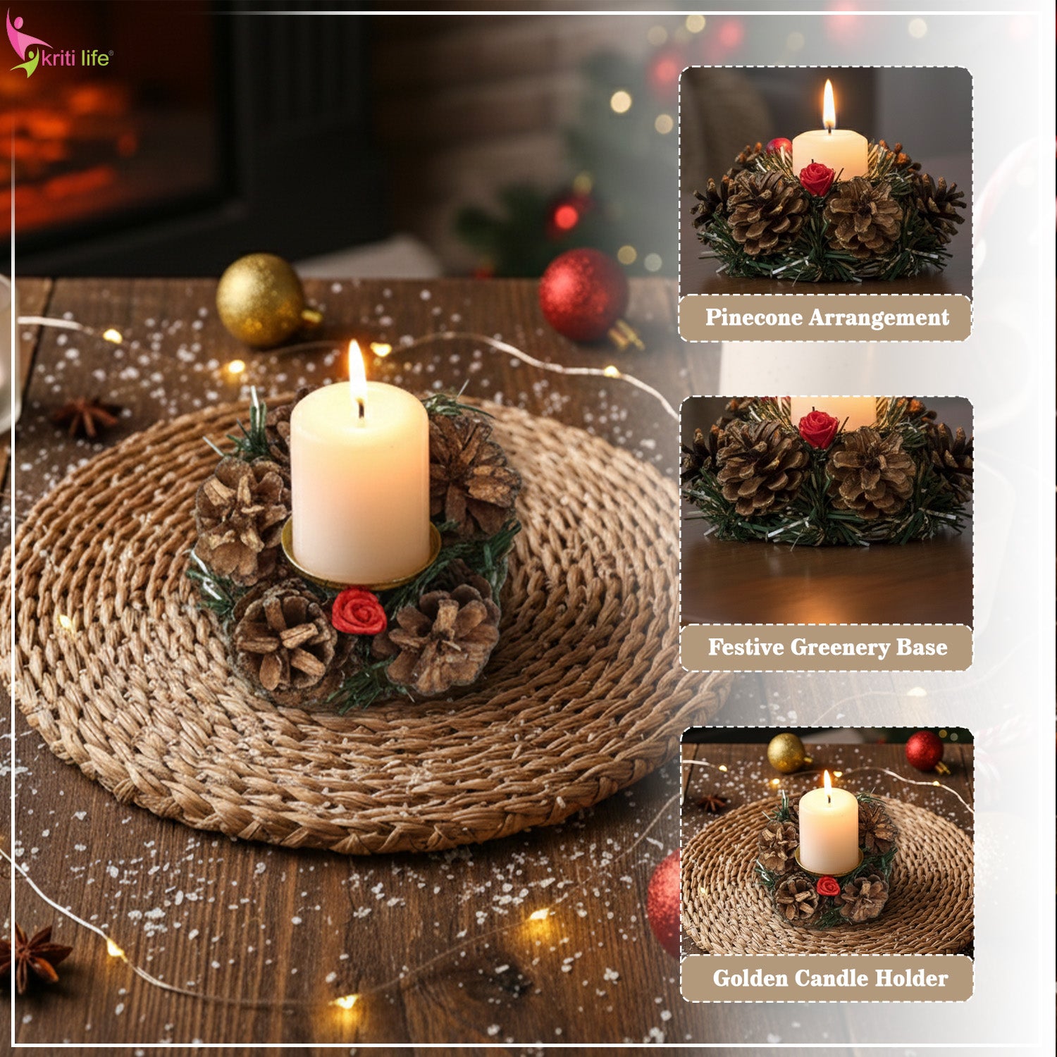 Pinecone Christmas Candle Holder Decor | Festive Table Centerpiece -  4 inch