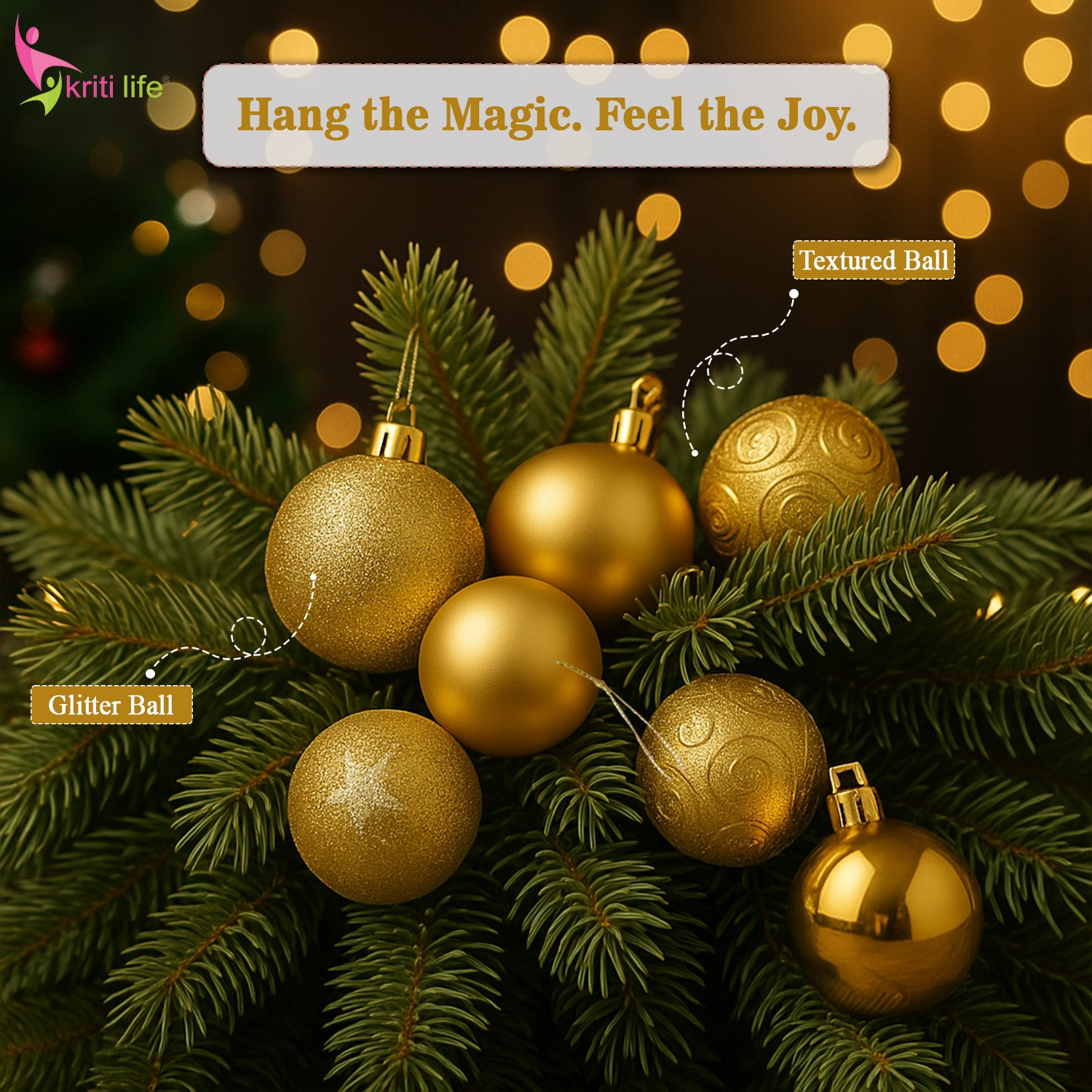 Gold Christmas Tree Hanging Balls – Set of 16 (Beige/Gold)