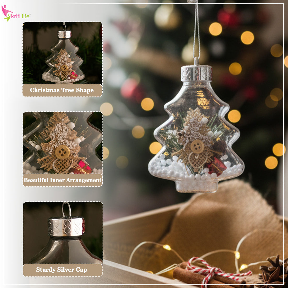 Christmas Tree-Shaped Hanging Ornament with Mini Snow Décor - 4 inch