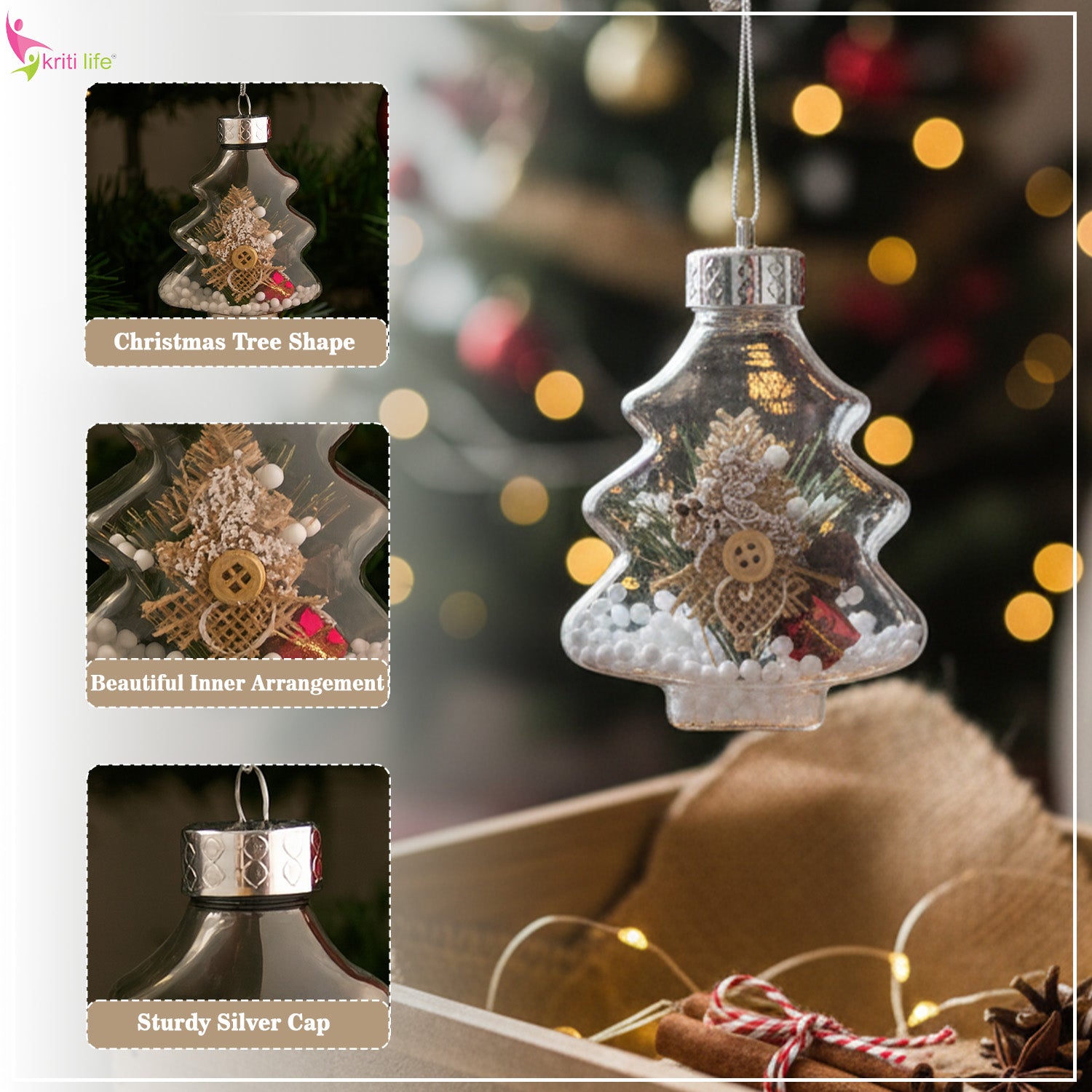 Christmas Tree-Shaped Hanging Ornament with Mini Snow Décor - 4 inch