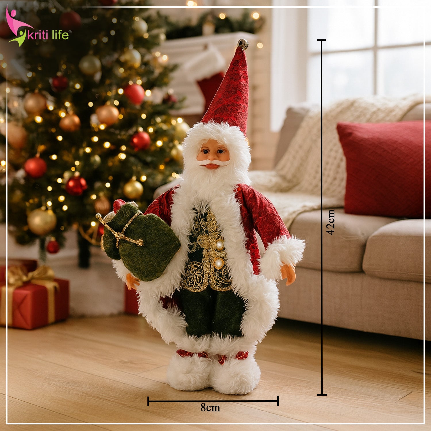 Premium Standing Santa Claus Doll with Velvet Coat & Gift Bag (42 cm)